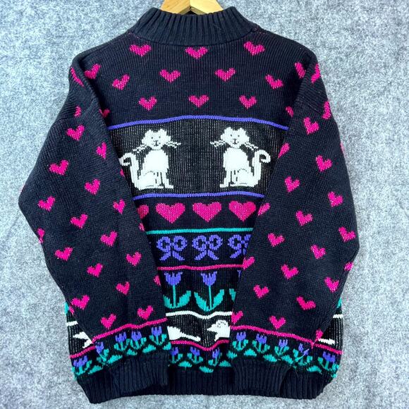Vintage Adele Knitwear Sweater Women L Hearts Cat Quirky Kitsch Kawaii Grandma - Picture 2 of 5